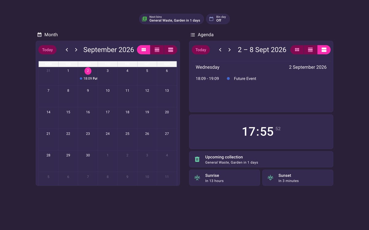 Home Assistant calendar lab dashboard running the Synthwave theme (Dark), on desktop