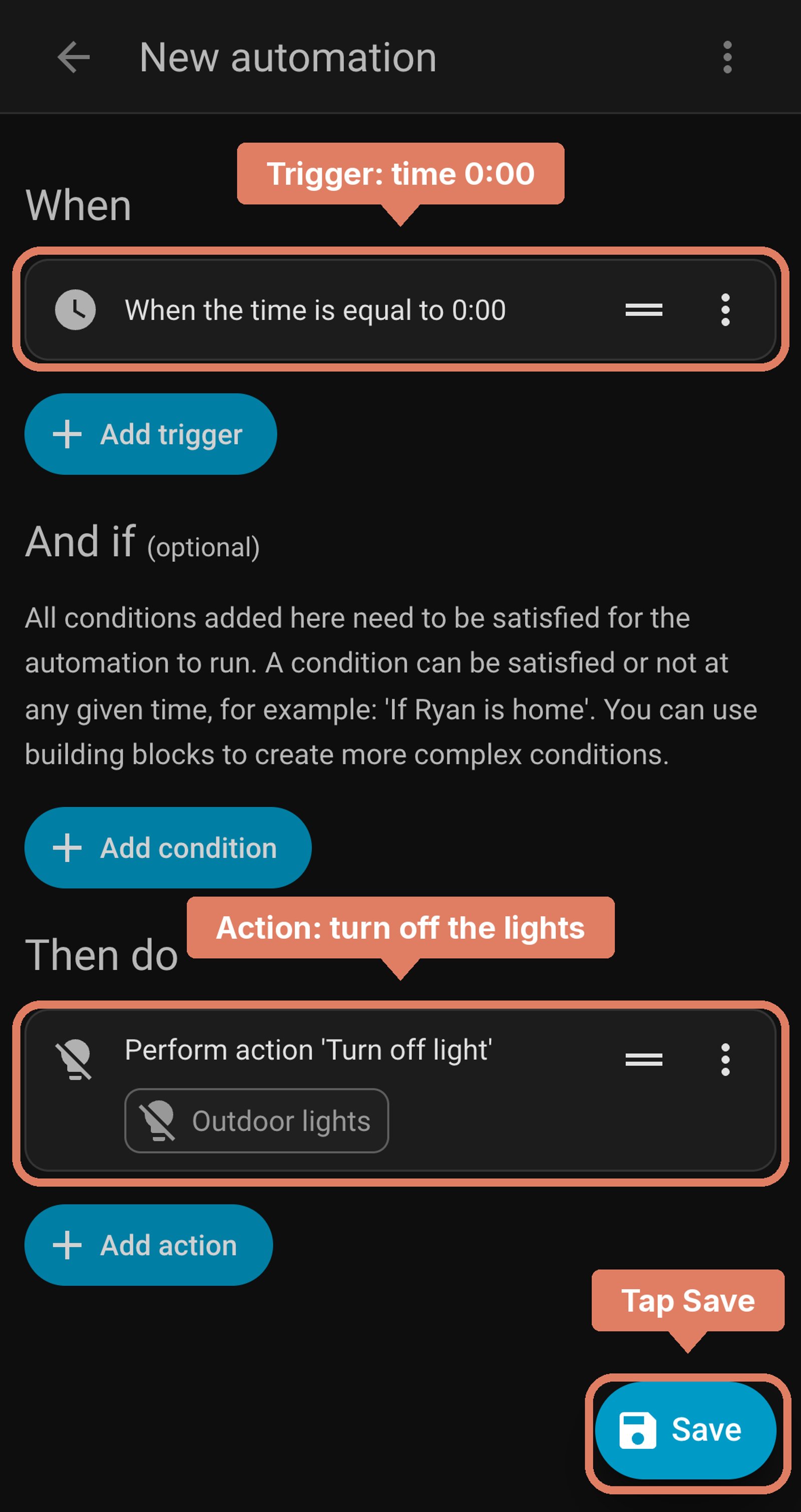 Home Assistant new automation before saving: when the time is 0:00, turn off Outdoor lights, with the trigger and action labelled and Save marked.