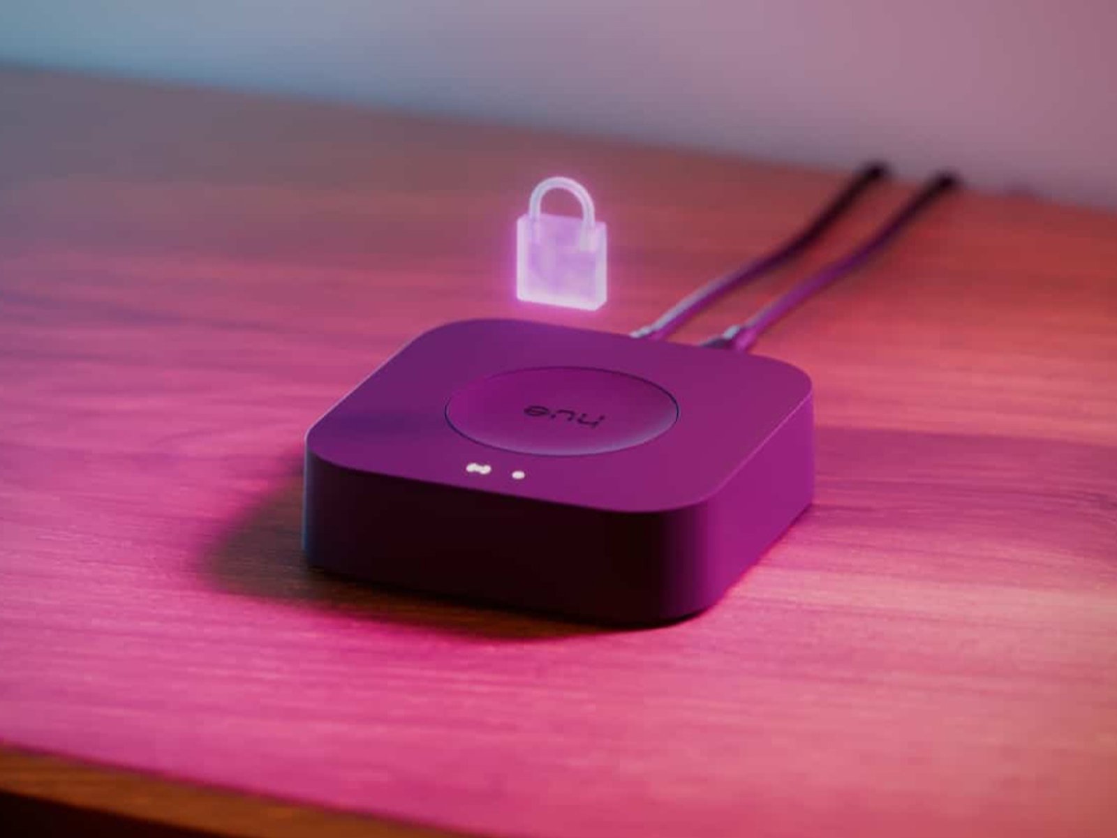 Philips Hue Bridge Pro on a sideboard with a padlock icon above it