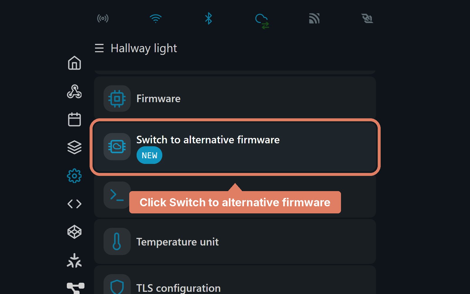 The Shelly web page's Settings, with Switch to alternative firmware marked