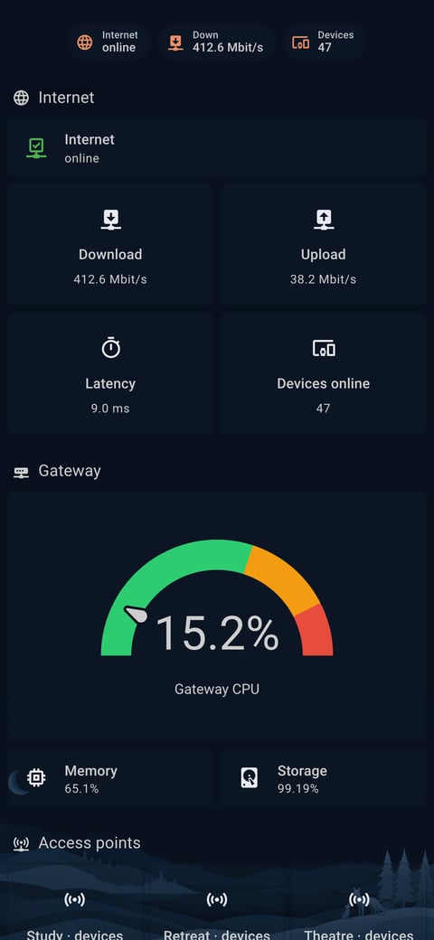 Home Assistant network lab dashboard running the Simple Dreams theme (Dark), on a phone