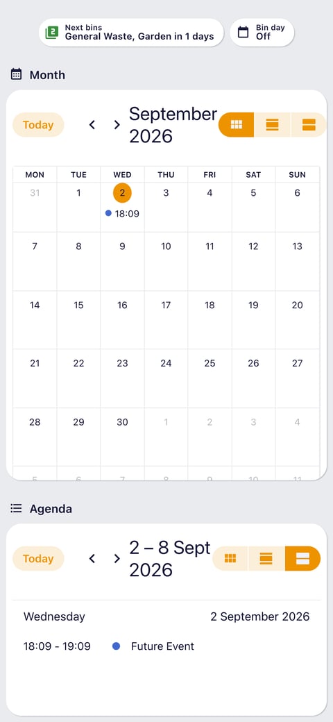 Home Assistant calendar lab dashboard running the Graphite theme (Light), on a phone