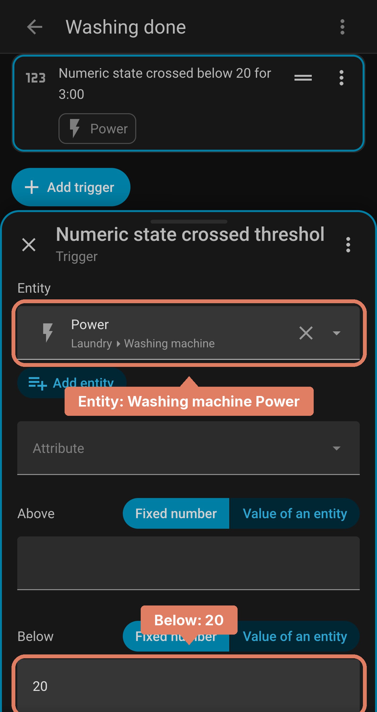Home Assistant Numeric state trigger on the Washing machine Power sensor, with the entity and Below 20 labelled.