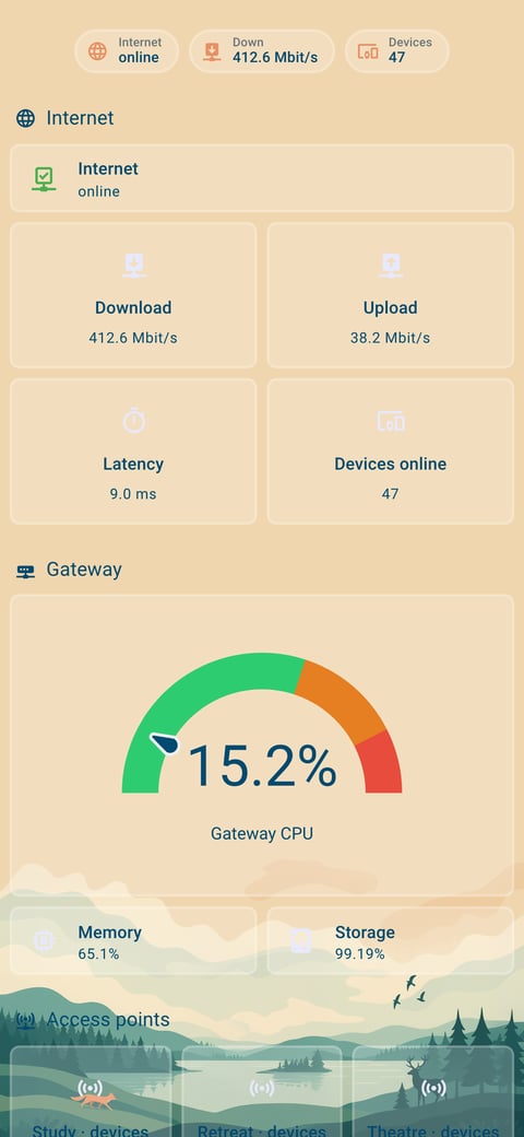 Home Assistant network lab dashboard running the Simple Dreams theme (Light), on a phone