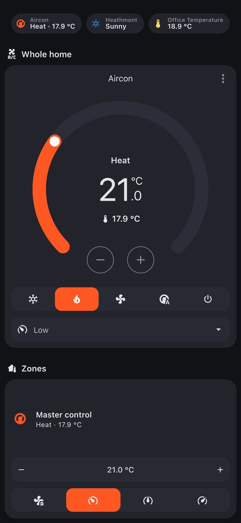 Home Assistant aircon lab dashboard running the Graphite theme (Dark), on a phone