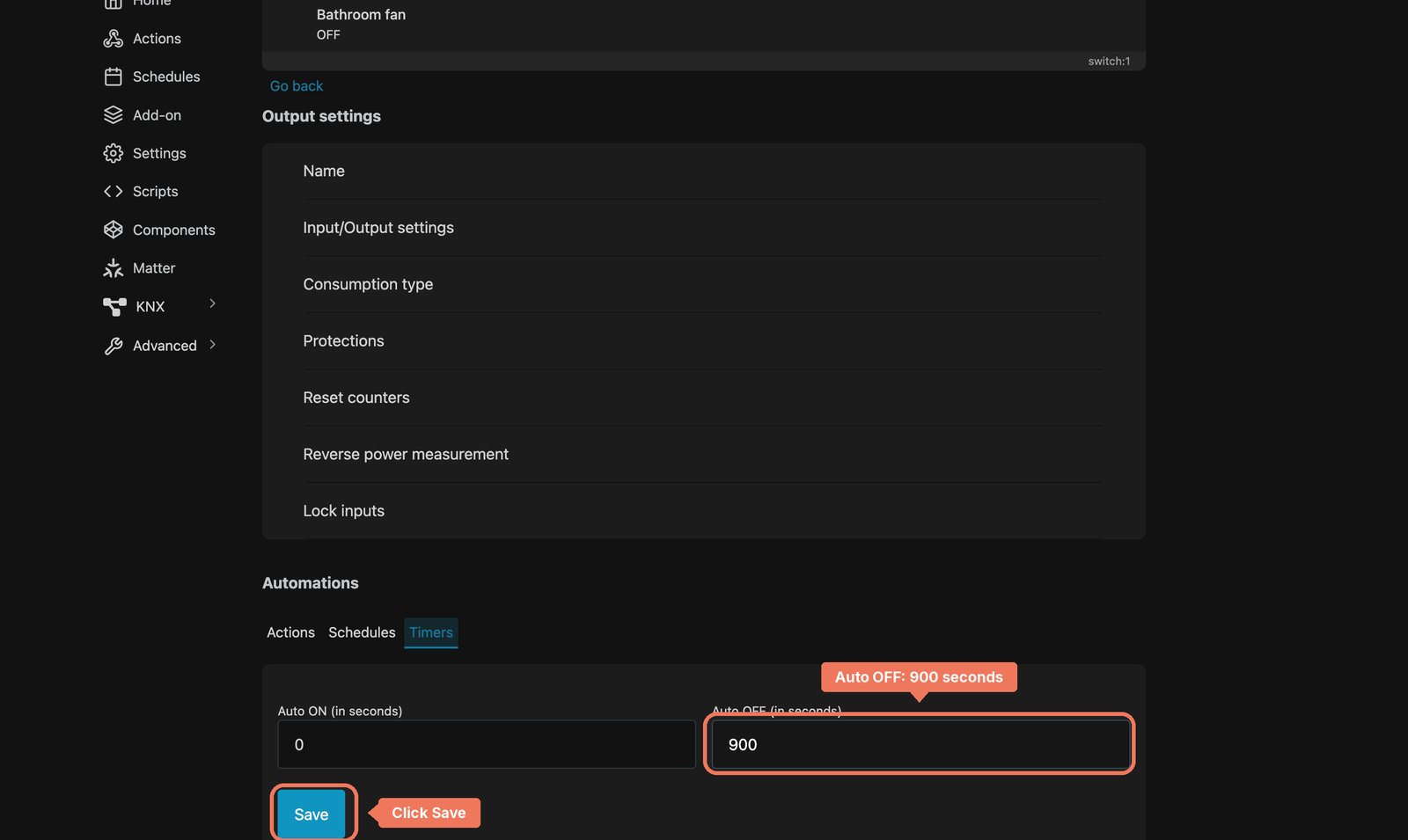 Shelly local web interface Timers for Bathroom fan, with Auto OFF at 900 seconds labelled and Save marked.