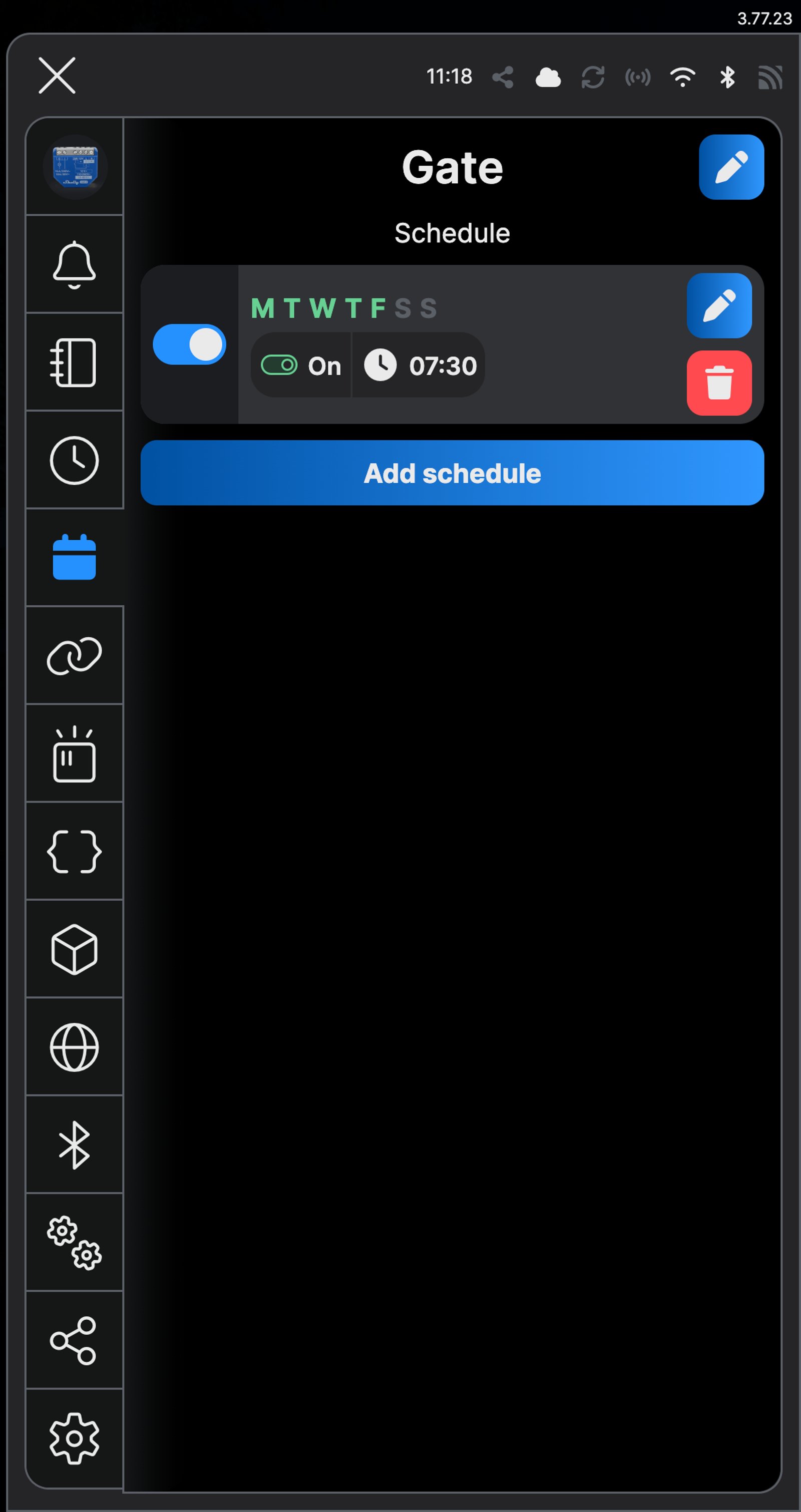 Shelly app schedule screen for a device named Gate, set to turn on at 7:30 on weekdays.