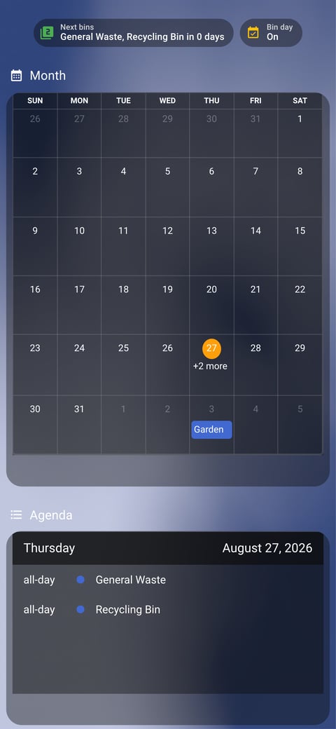 Home Assistant calendar lab dashboard running the iOS Themes theme (Dark), on a phone
