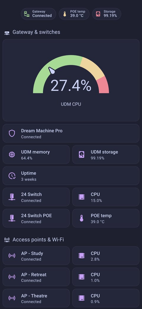 Home Assistant network lab dashboard running the Catppuccin theme (Macchiato), on a phone
