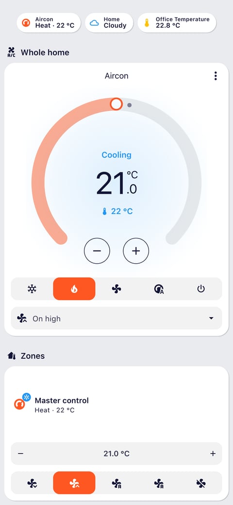 Home Assistant aircon lab dashboard running the Graphite theme (Light), on a phone