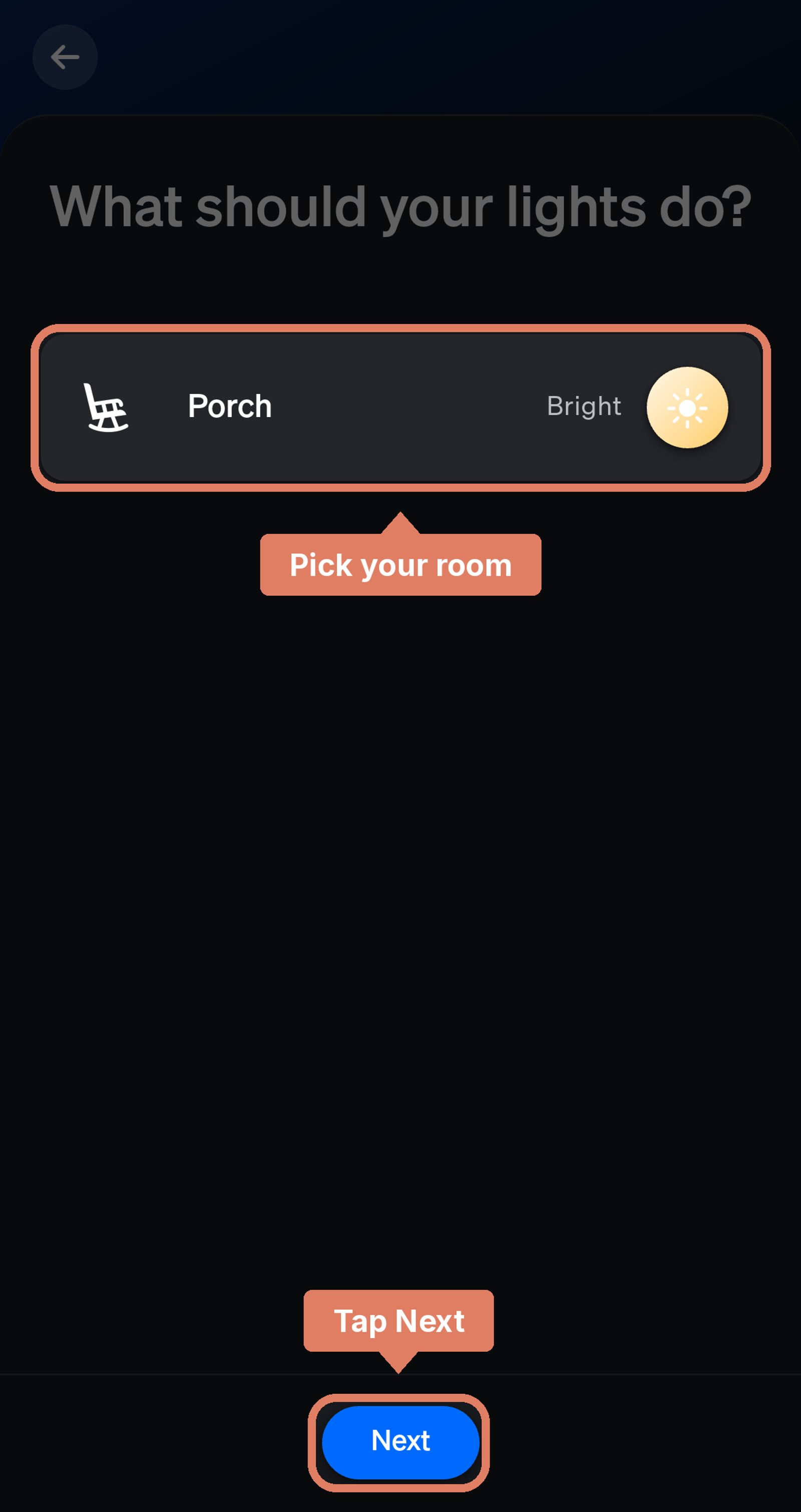 Philips Hue app screen asking what the lights should do, with the Porch room set to the Bright scene, and the room and Next marked.