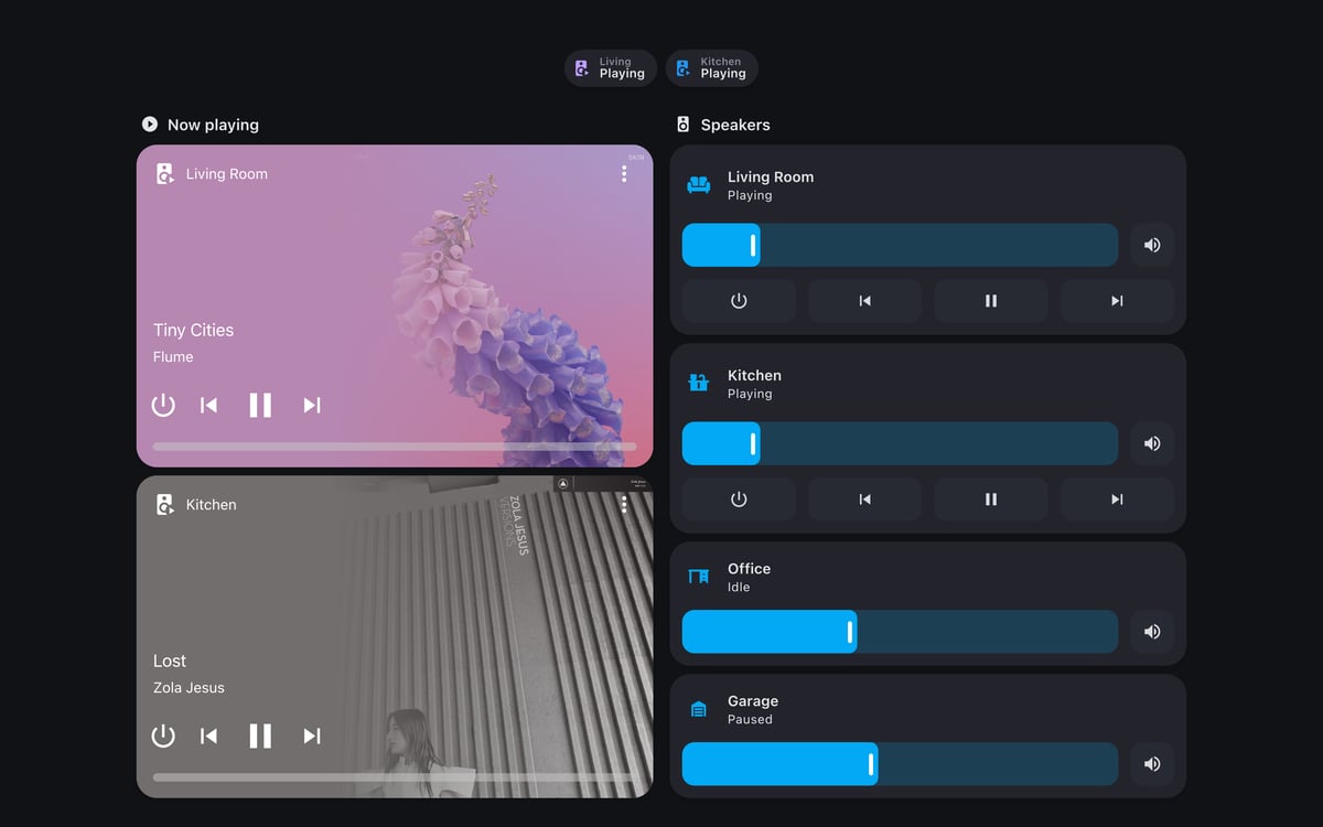 Home Assistant media lab dashboard running the Graphite theme (Dark), on desktop