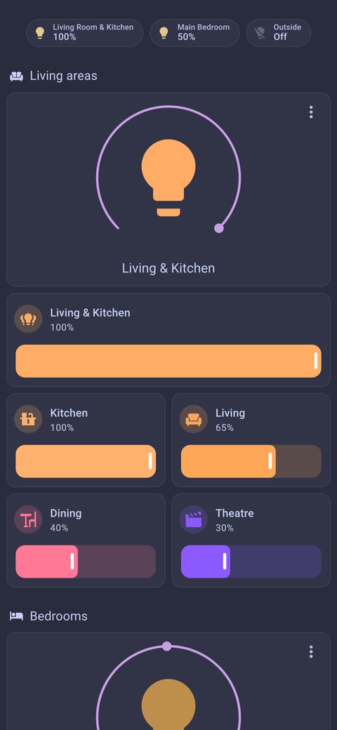 Home Assistant lights lab dashboard running the Catppuccin theme (Frappe), on a phone