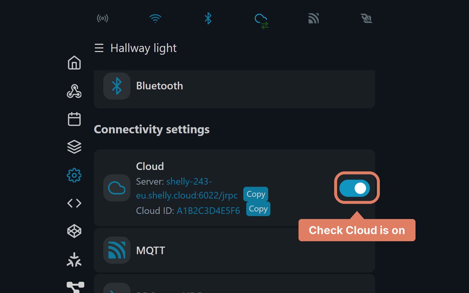 The Shelly web page's Connectivity settings, with the Cloud toggle marked and switched on