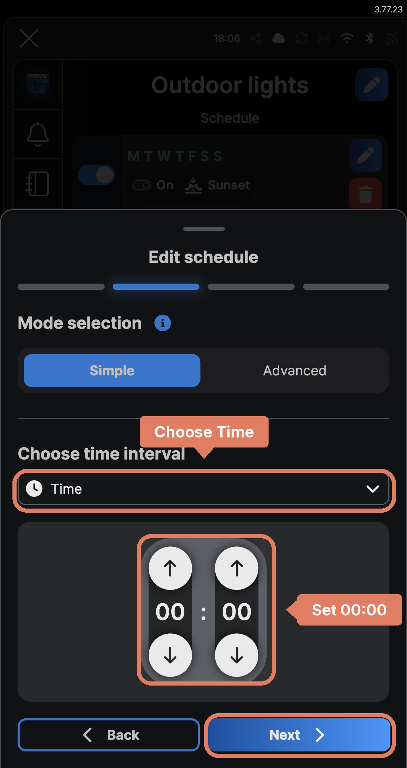 Shelly app Edit schedule screen for a Shelly 1 Gen4 named Outdoor lights, with Time chosen and set to 00:00, and the time interval, the time and Next marked.