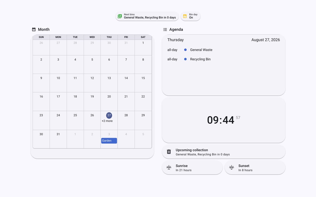 Home Assistant calendar lab dashboard running the Material You theme (Light), on desktop