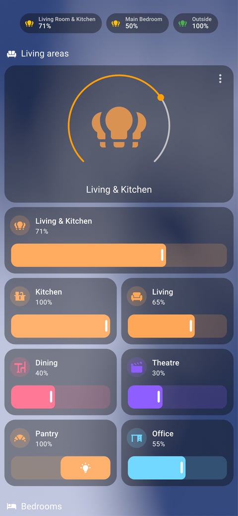 Home Assistant lights lab dashboard running the iOS Themes theme (Dark), on a phone