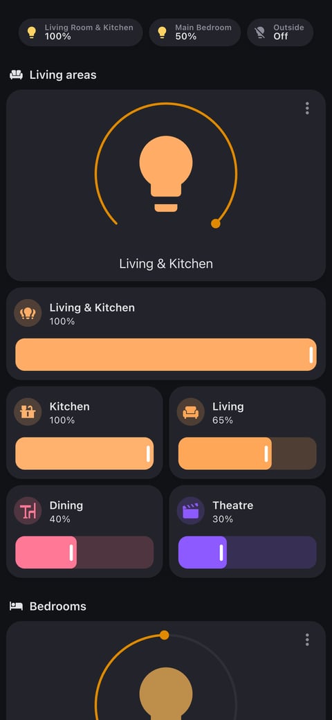 Home Assistant lights lab dashboard running the Graphite theme (Dark), on a phone