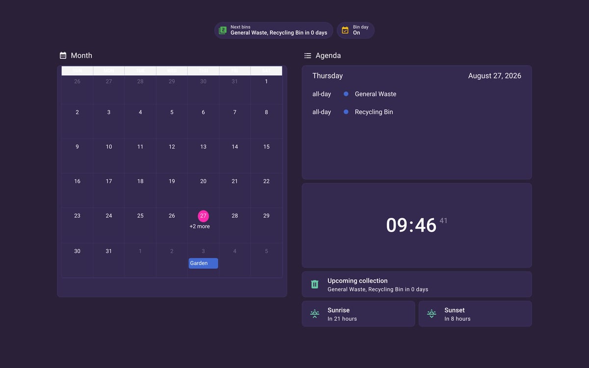 Home Assistant calendar lab dashboard running the Synthwave theme (Dark), on desktop