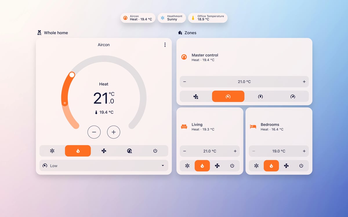 Home Assistant aircon lab dashboard running the Frosted Glass theme (Light), on desktop