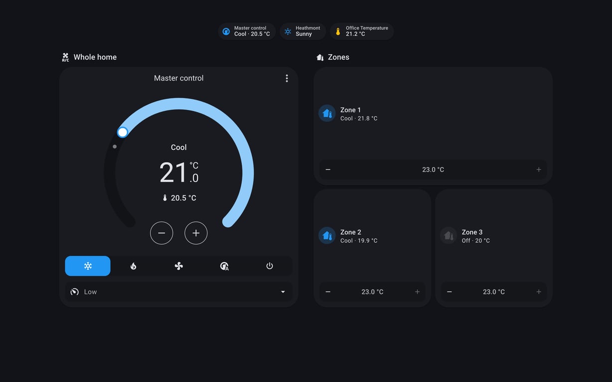 Home Assistant dashboard for an Actron Air ducted system on desktop, Material You dark theme, showing a whole-home thermostat set to cool at 21 degrees beside three zone tiles, two switched on and one off