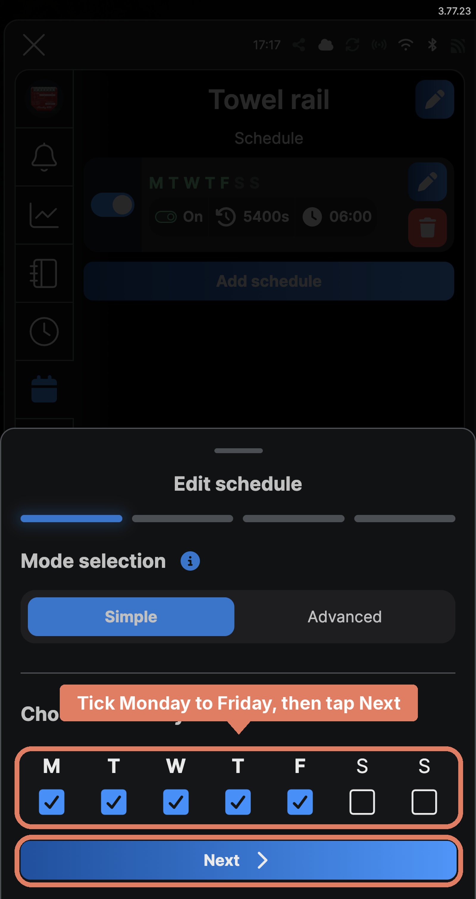 Shelly app Edit schedule screen for a Shelly 1PM Gen4 named Towel rail, with Monday to Friday ticked and labelled, and Next marked.