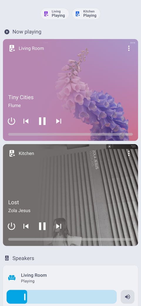 Home Assistant media lab dashboard running the Catppuccin theme (Latte), on a phone