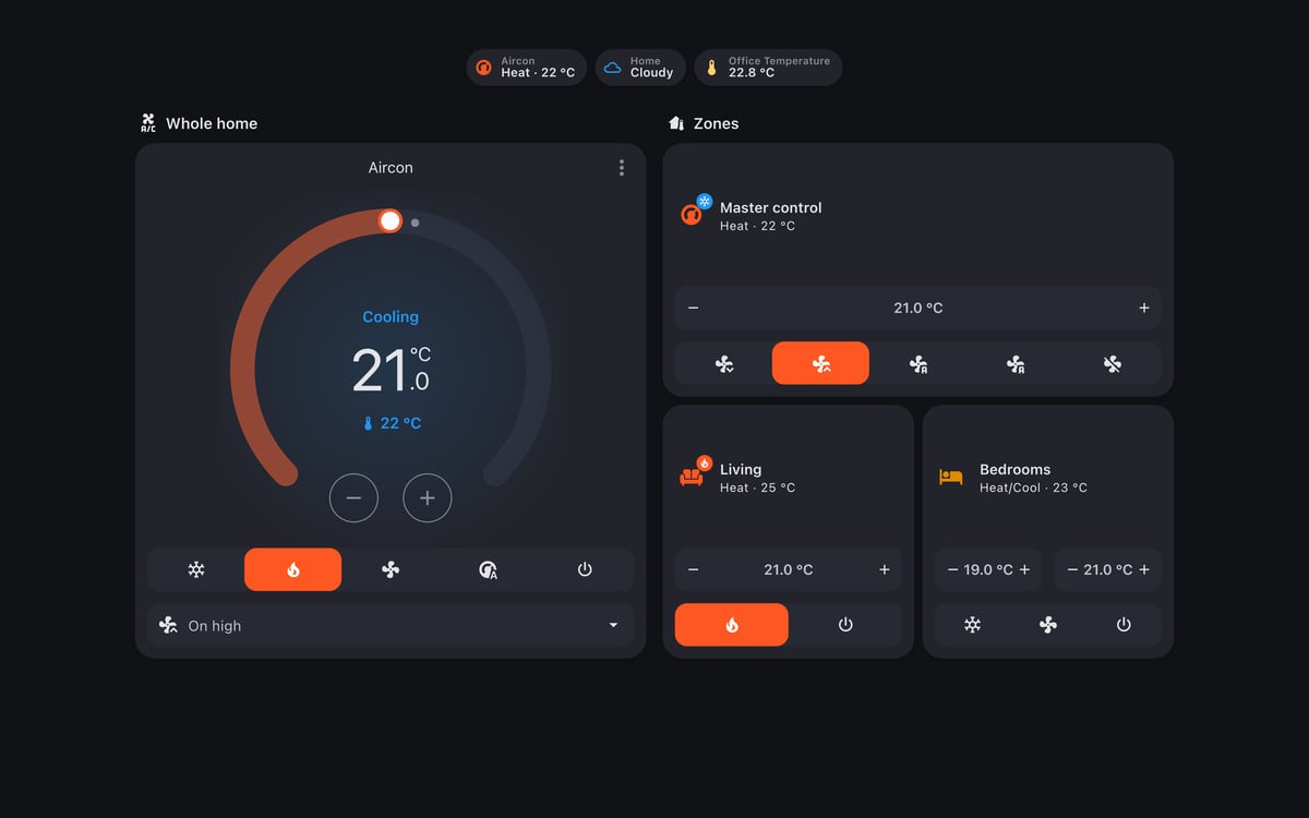 Home Assistant aircon lab dashboard running the Graphite theme (Dark), on desktop