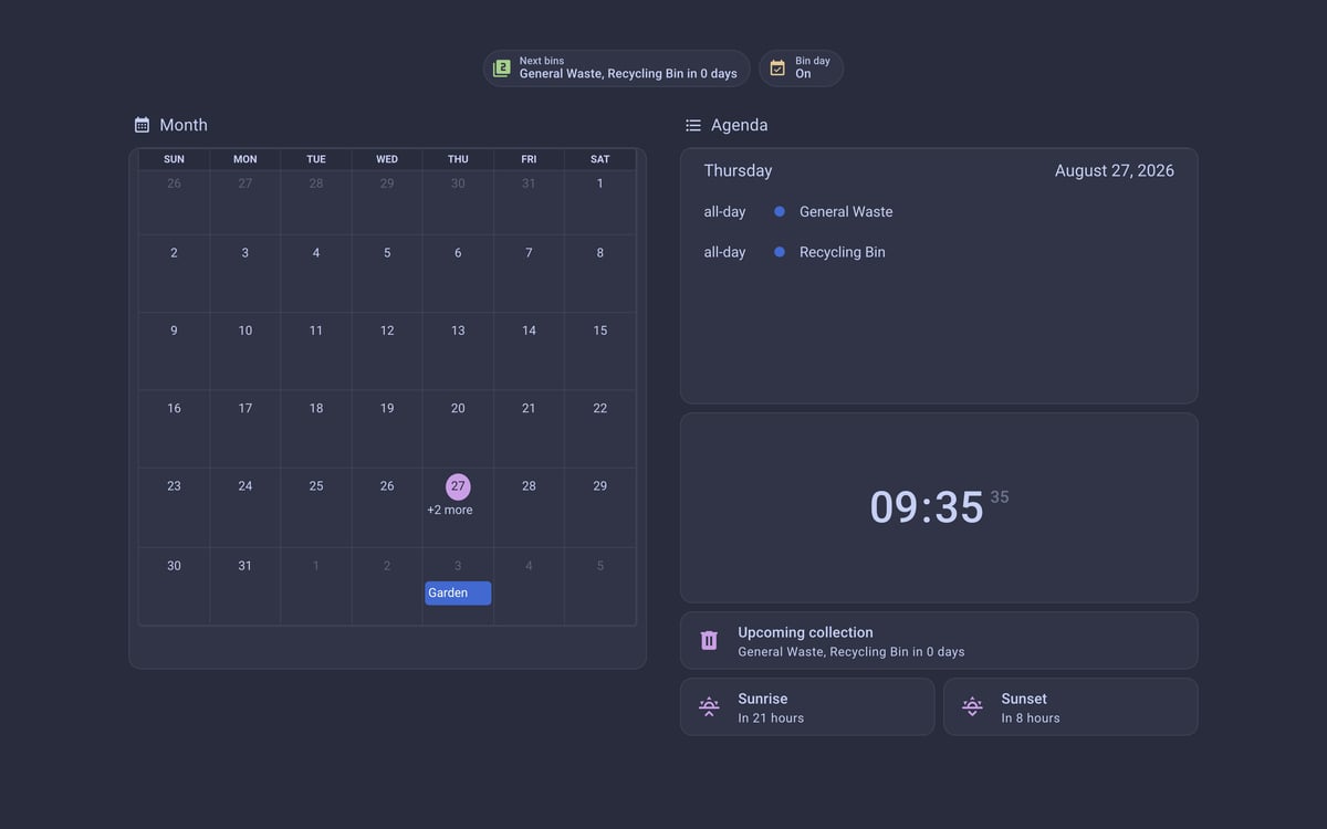 Home Assistant calendar lab dashboard running the Catppuccin theme (Frappe), on desktop