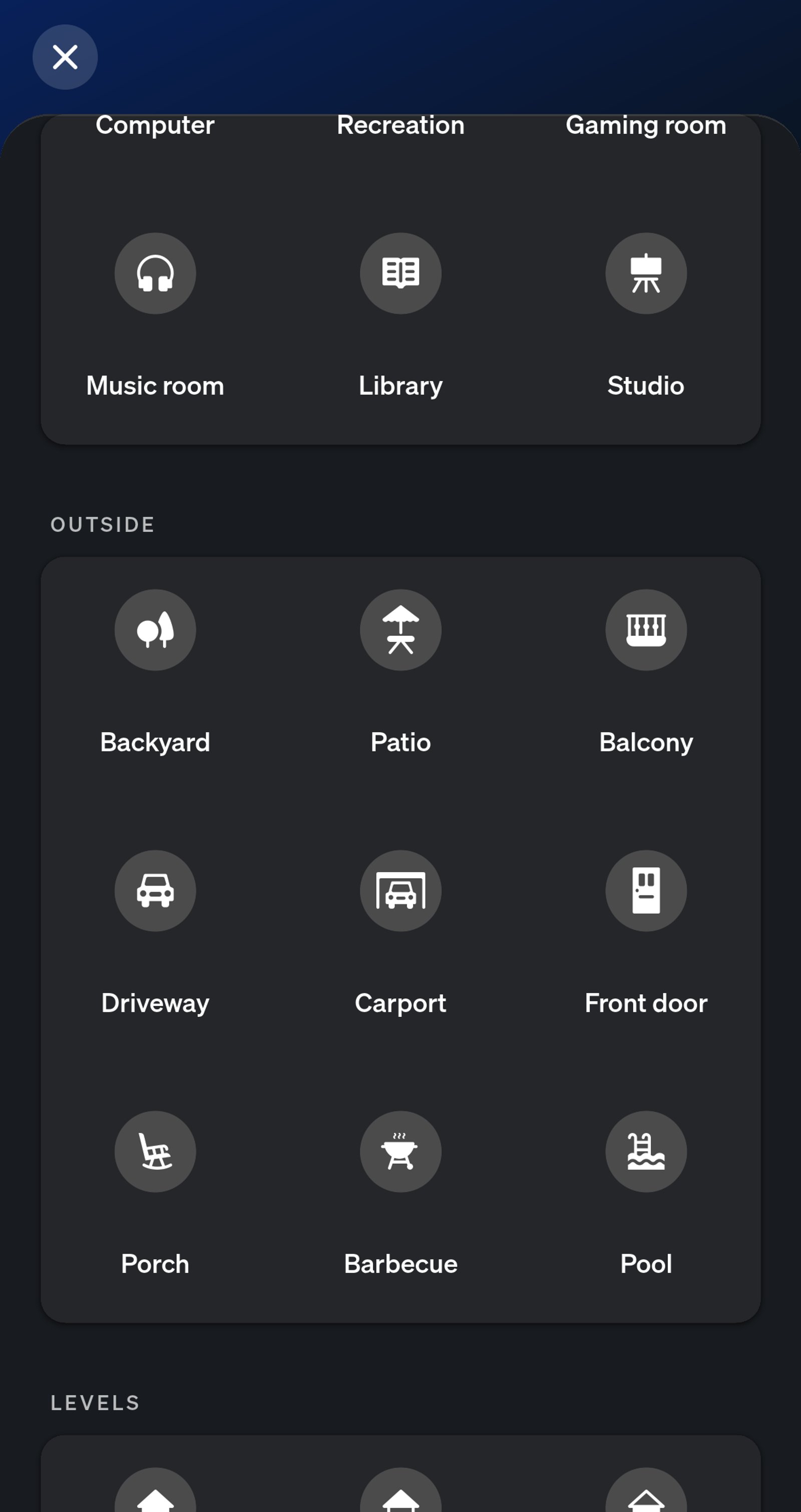 Philips Hue app room type list with the Outside group showing Backyard, Patio, Balcony, Driveway, Carport, Front door, Porch, Barbecue and Pool.