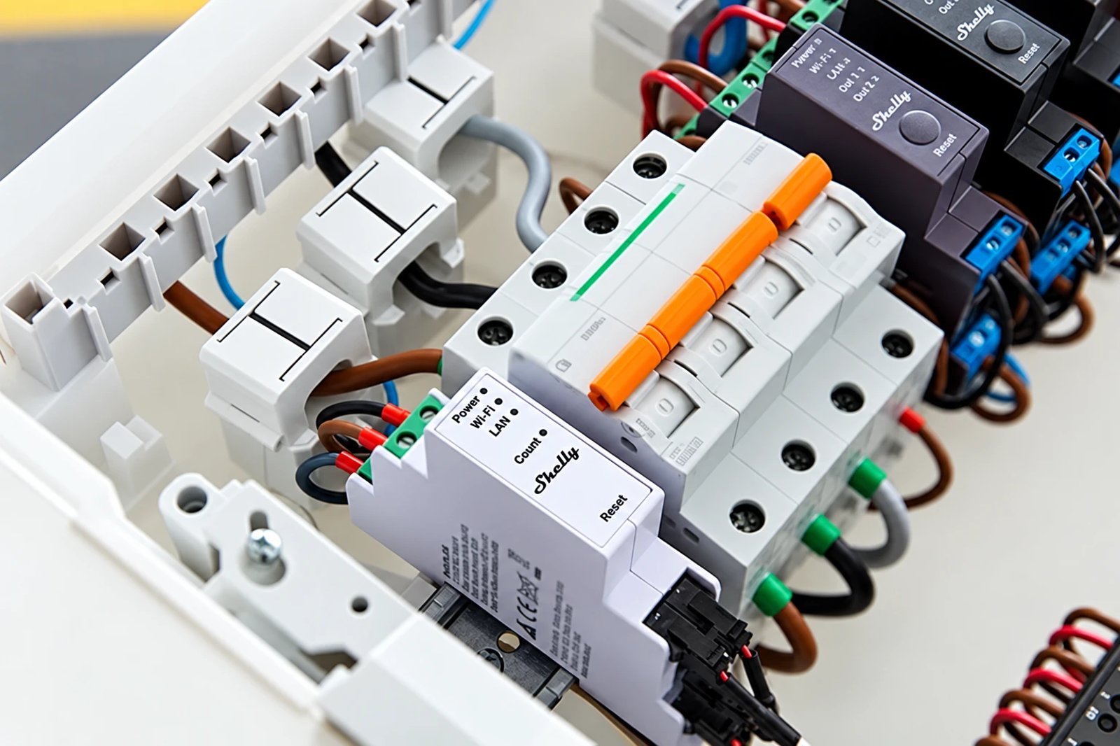 Split-core current clamps closed around the cables in a switchboard, beside a Shelly energy meter on the DIN rail