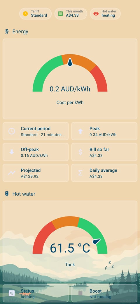 Home Assistant energy lab dashboard running the Simple Dreams theme (Light), on a phone