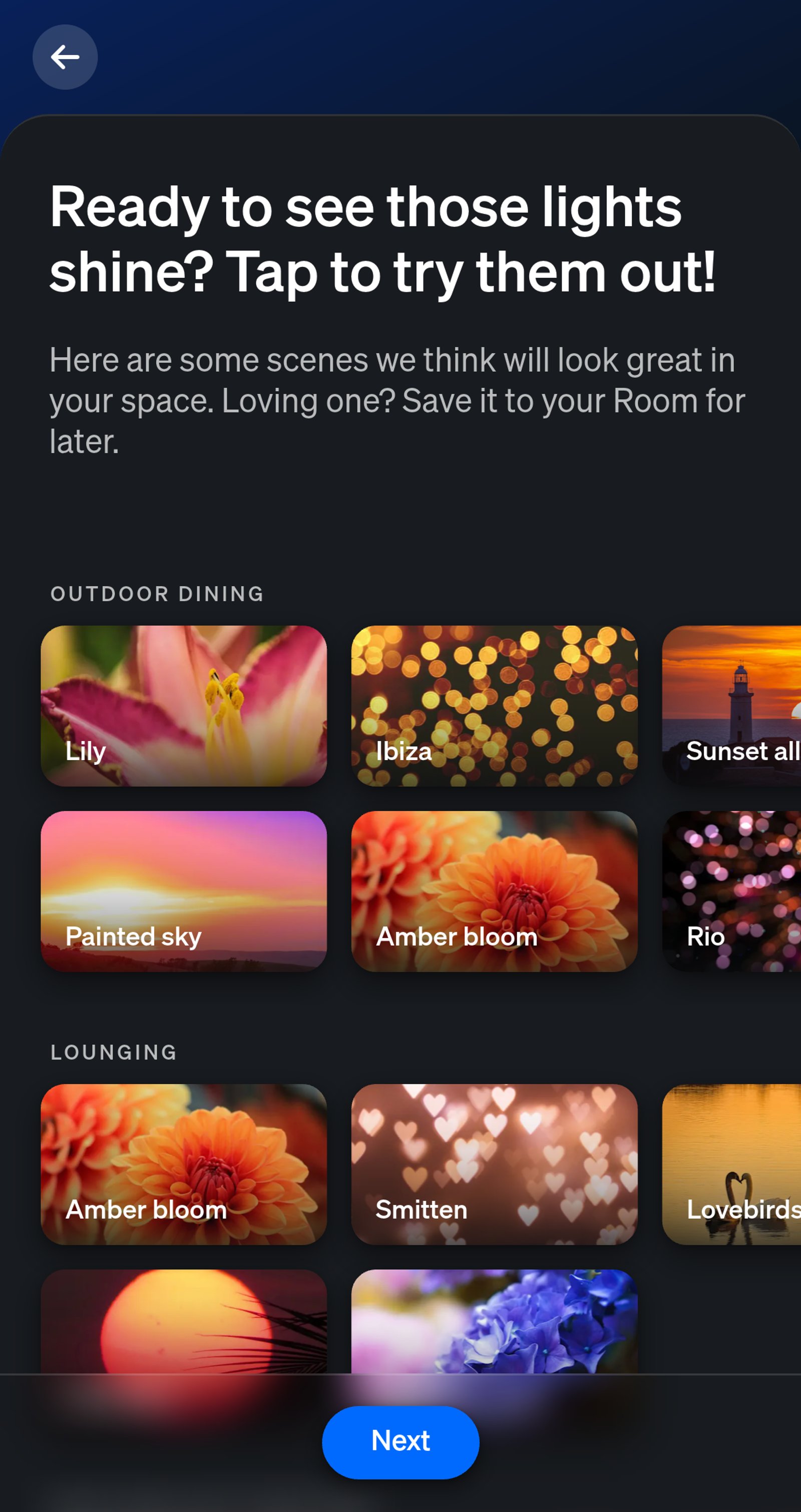 Philips Hue app suggested scenes for outdoor dining and lounging.