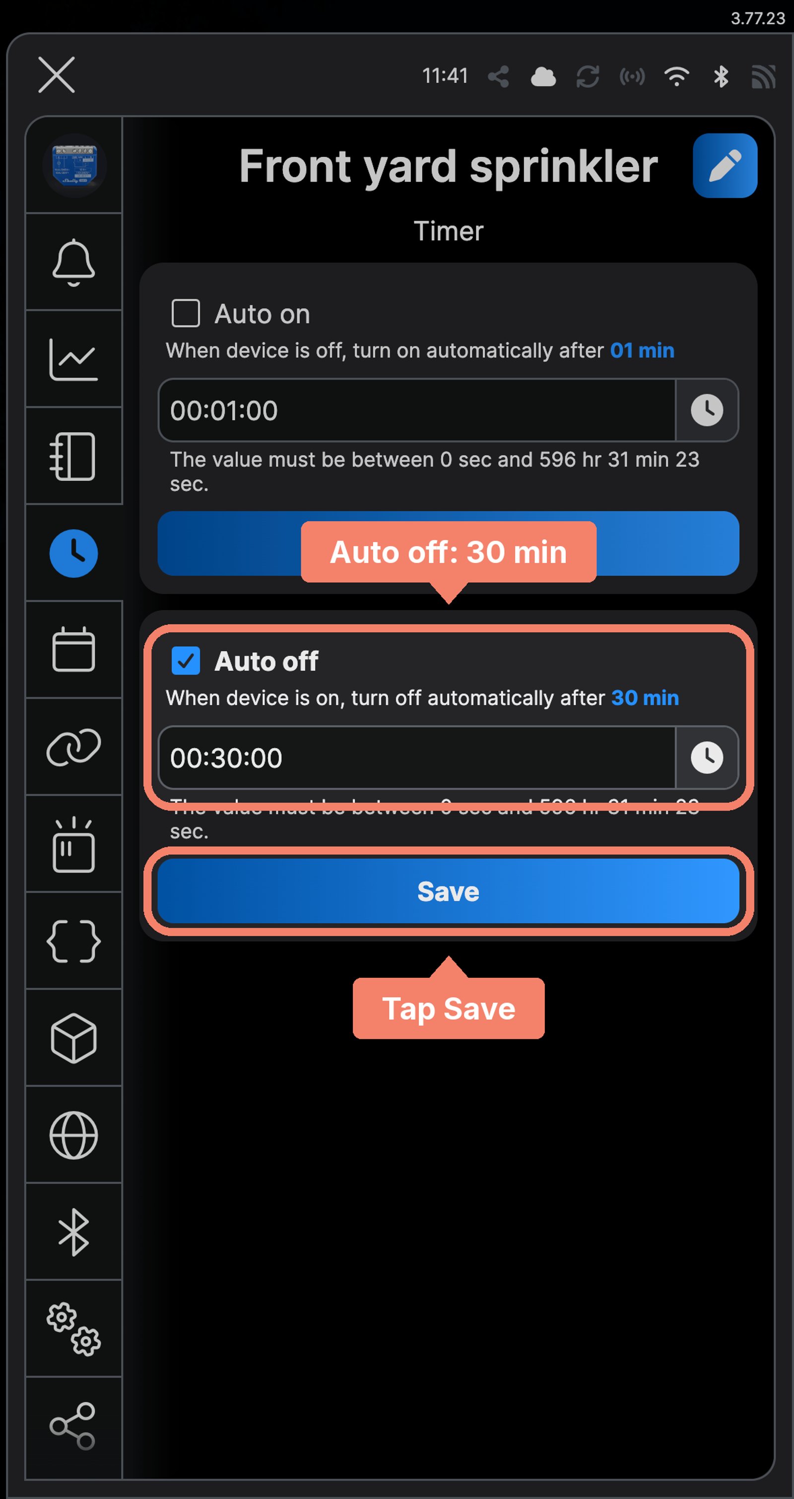 Shelly app timer screen for Front yard sprinkler, with auto off after 30 minutes labelled and Save marked.