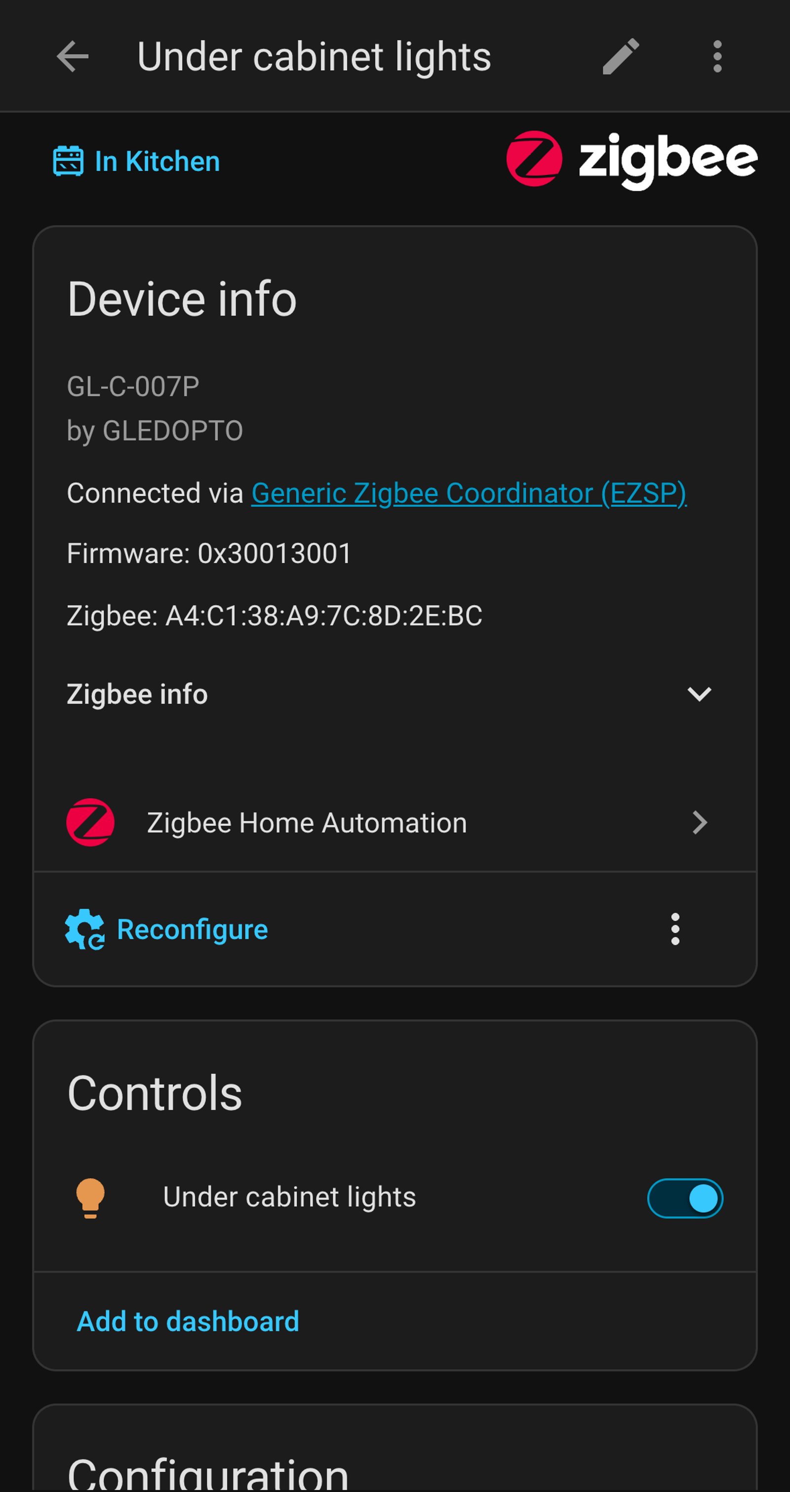 Home Assistant light controls for Under cabinet lights in the Kitchen area, at 80% brightness in a warm white.