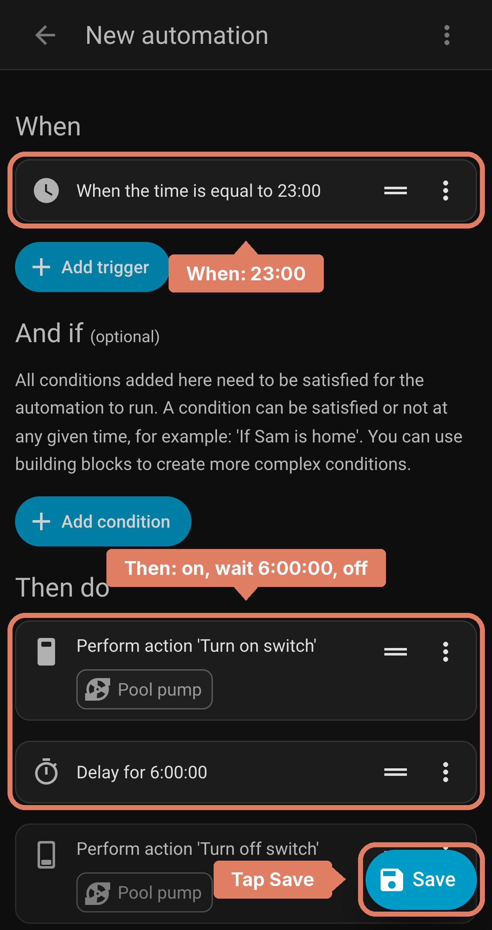 Home Assistant new automation before saving: at 23:00, turn on Pool pump, wait 6:00:00 and turn it off, with the trigger and actions labelled and Save marked.