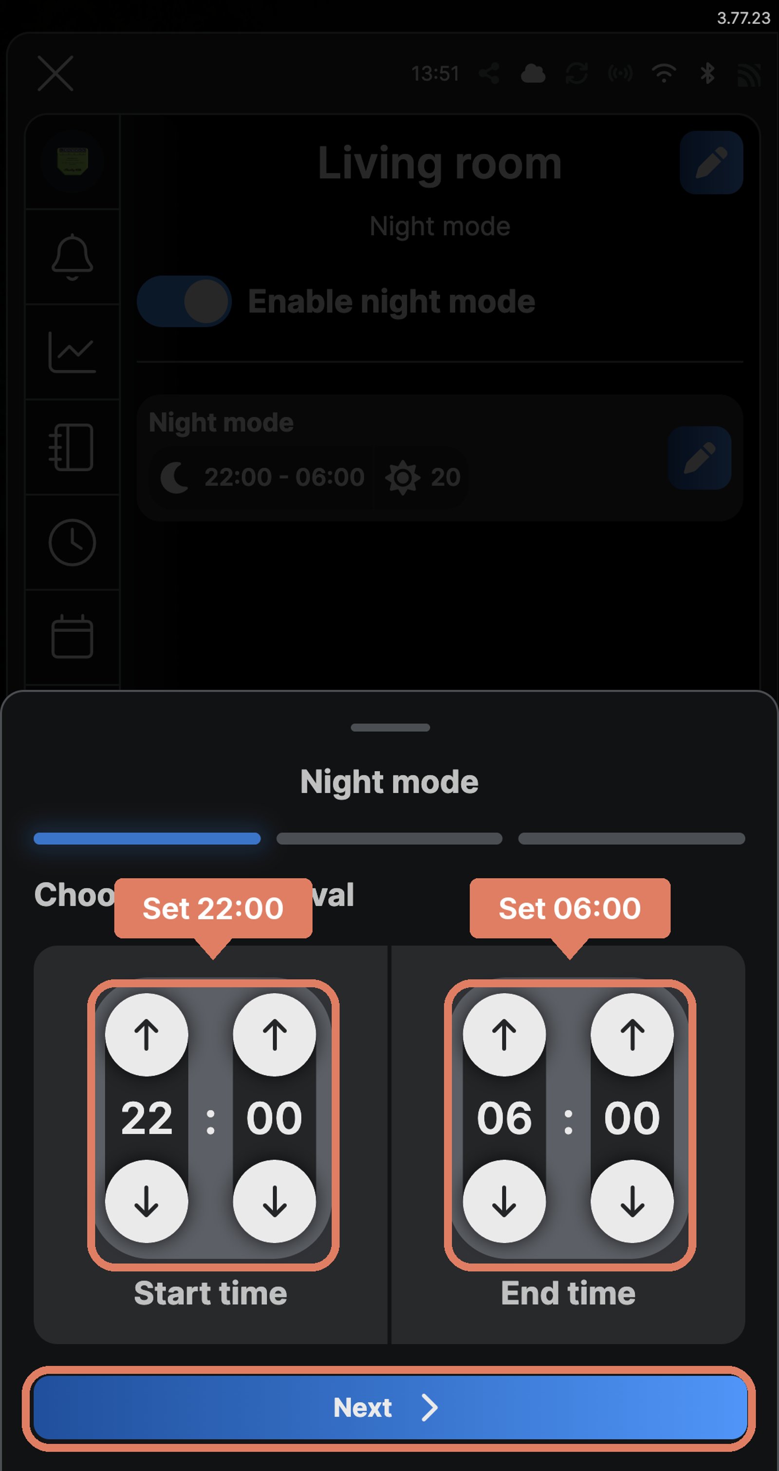 Shelly app night mode time interval for Living room, from 22:00 to 06:00, with both times and Next marked.