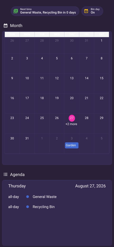 Home Assistant calendar lab dashboard running the Synthwave theme (Dark), on a phone