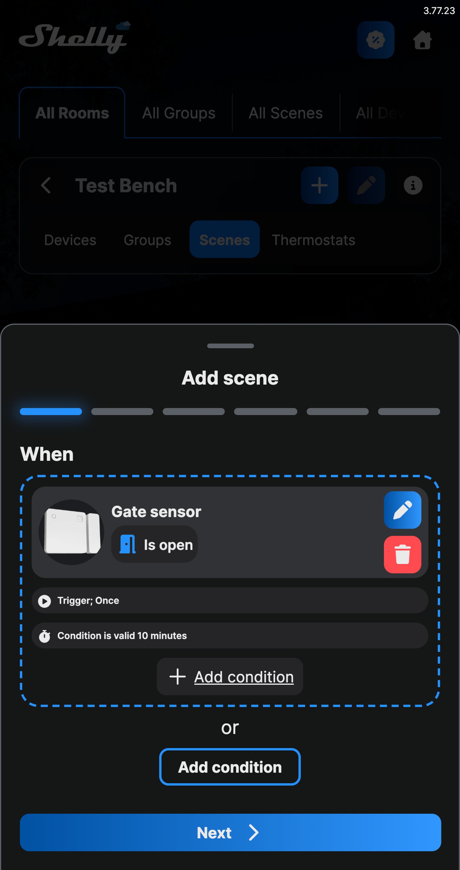 Shelly app scene builder with the rule: Gate sensor is open, trigger once, condition valid for 10 minutes.