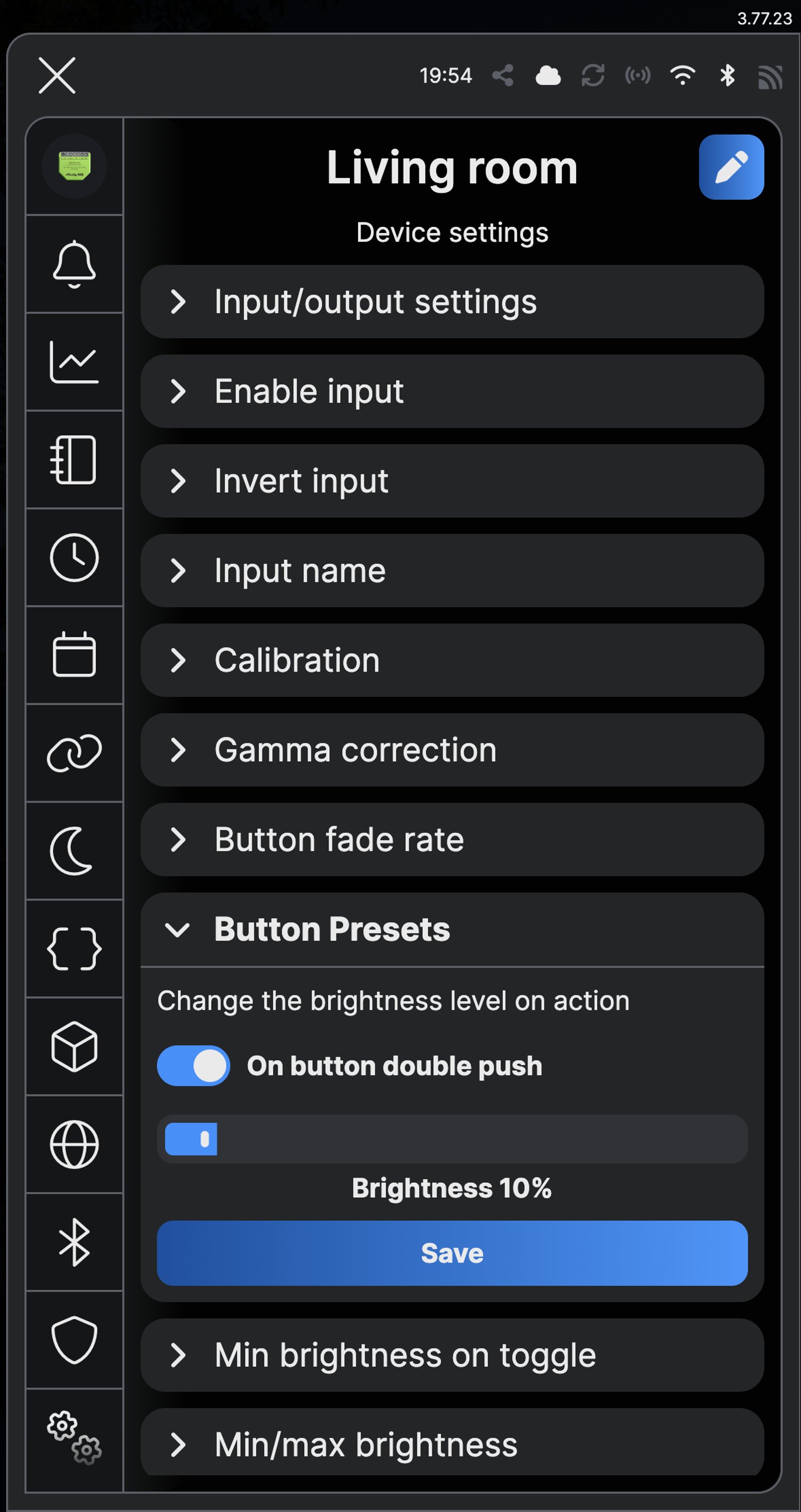Shelly app Device settings for a Shelly Dimmer Gen4 named Living room, with Button Presets open, On button double push turned on and brightness at 10%.
