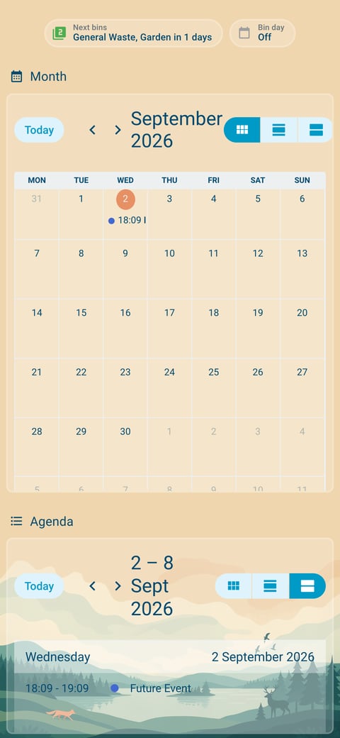 Home Assistant calendar lab dashboard running the Simple Dreams theme (Light), on a phone