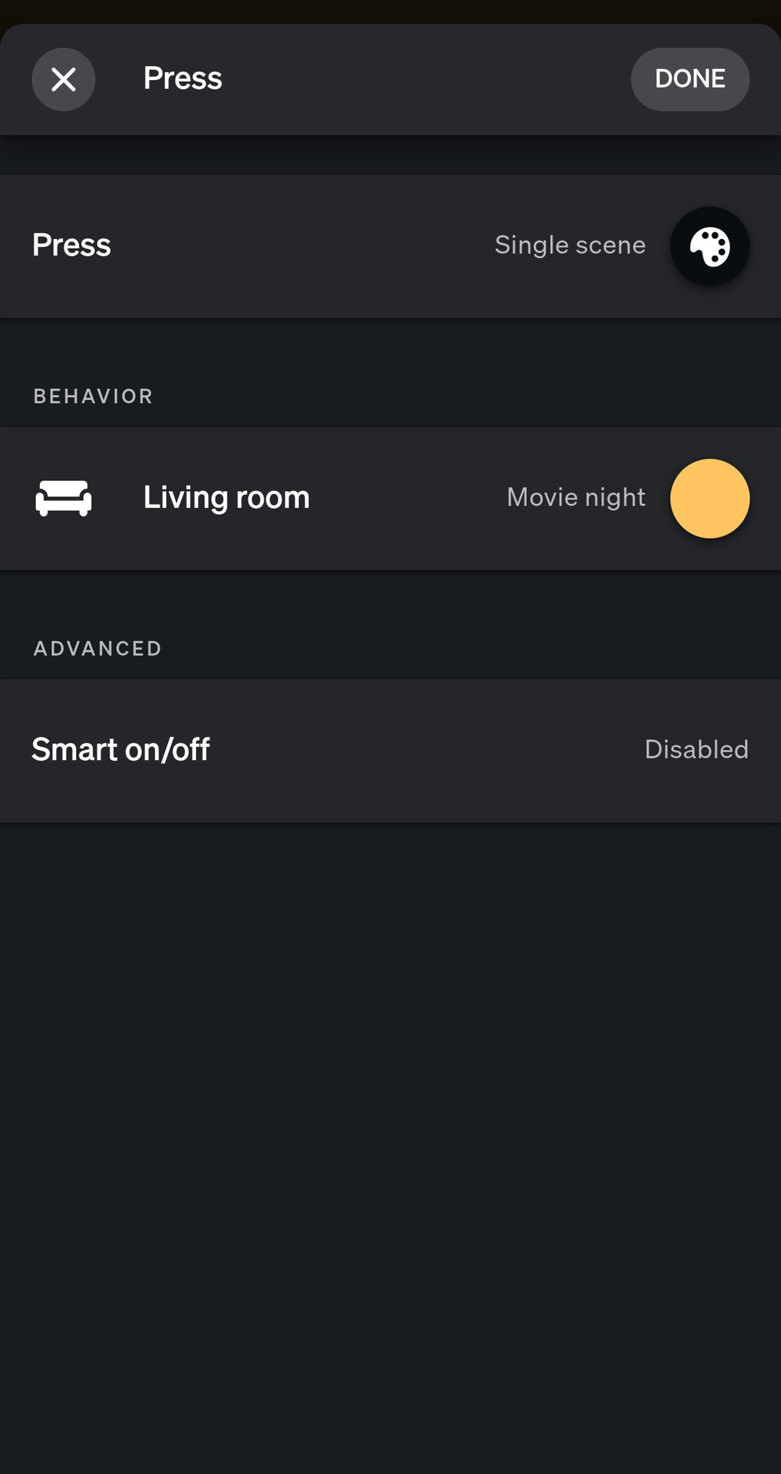 Philips Hue app Tap dial switch button press set to the Movie night scene in the Living room.
