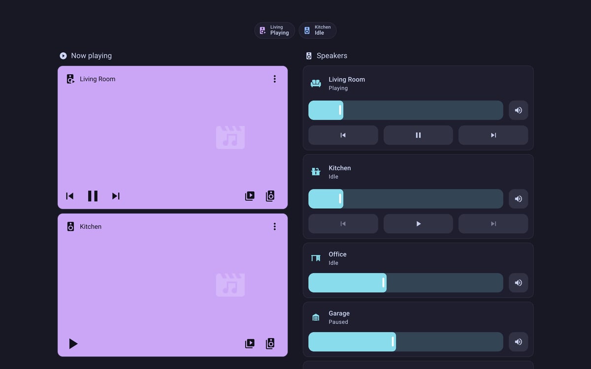 Home Assistant media lab dashboard running the Catppuccin theme (Mocha), on desktop