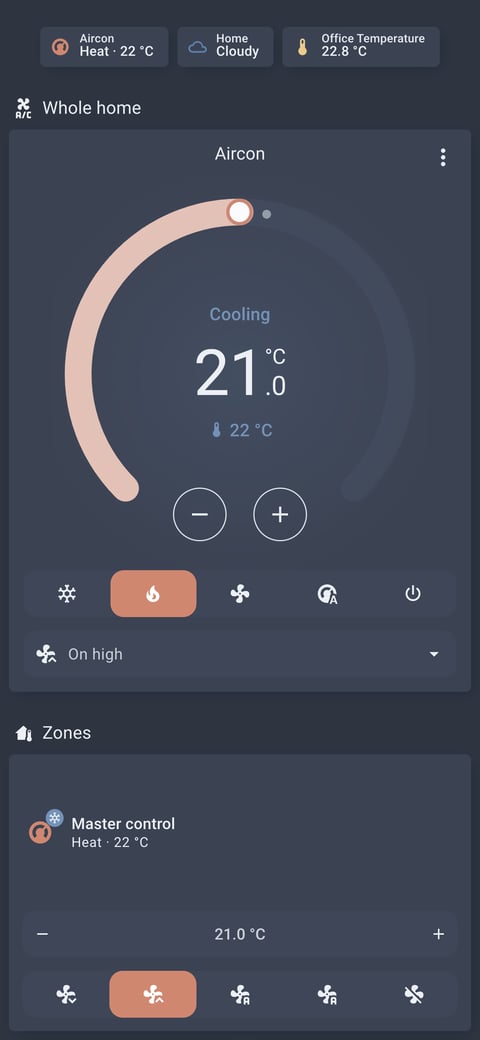 Home Assistant aircon lab dashboard running the Nordic theme (Blue dark), on a phone