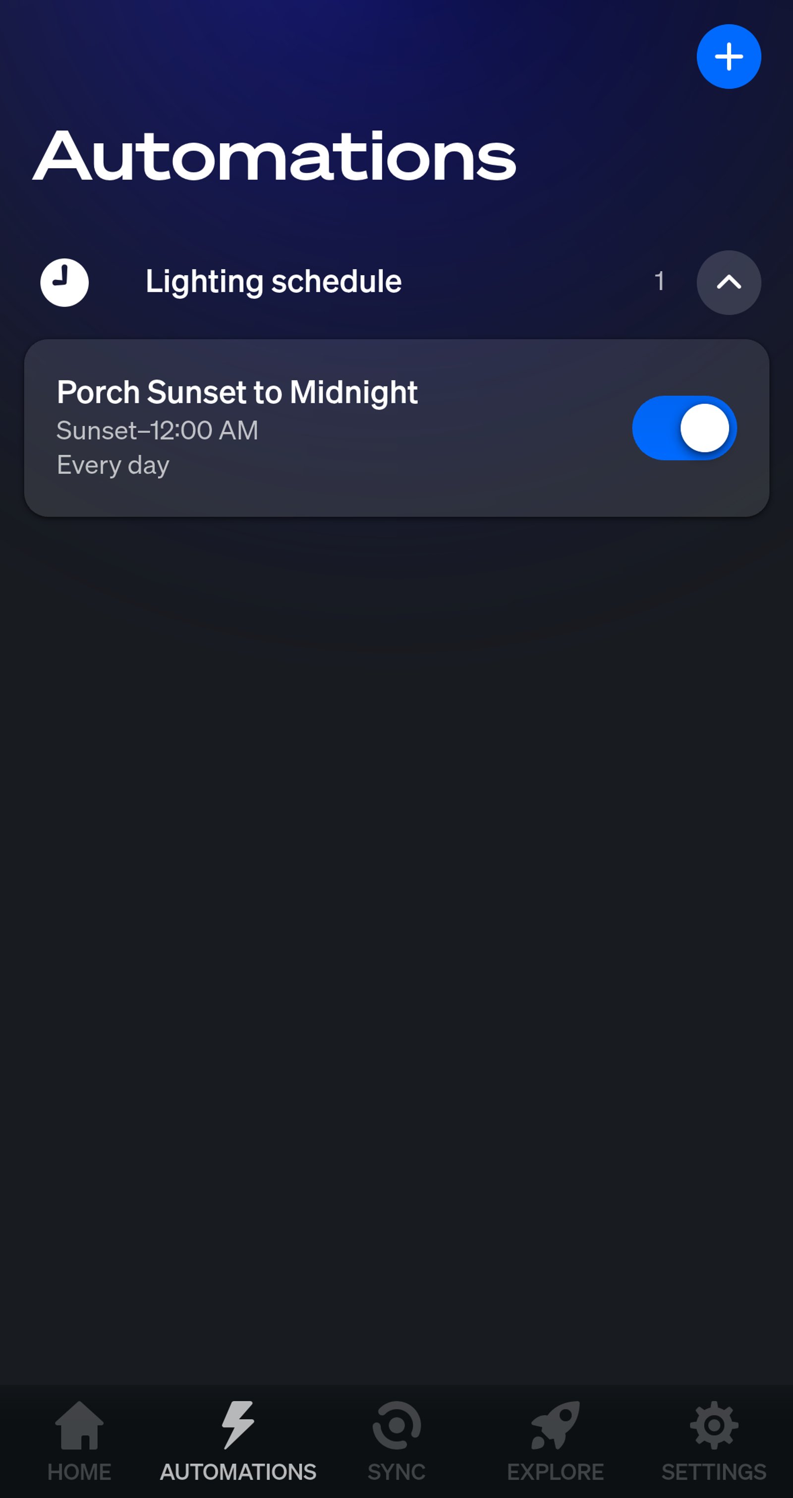 Philips Hue app Automations list showing Porch Sunset to Midnight, sunset to 12:00 AM, every day.