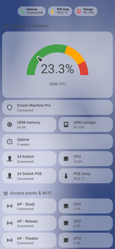 Home Assistant network lab dashboard running the iOS Themes theme (Light), on a phone