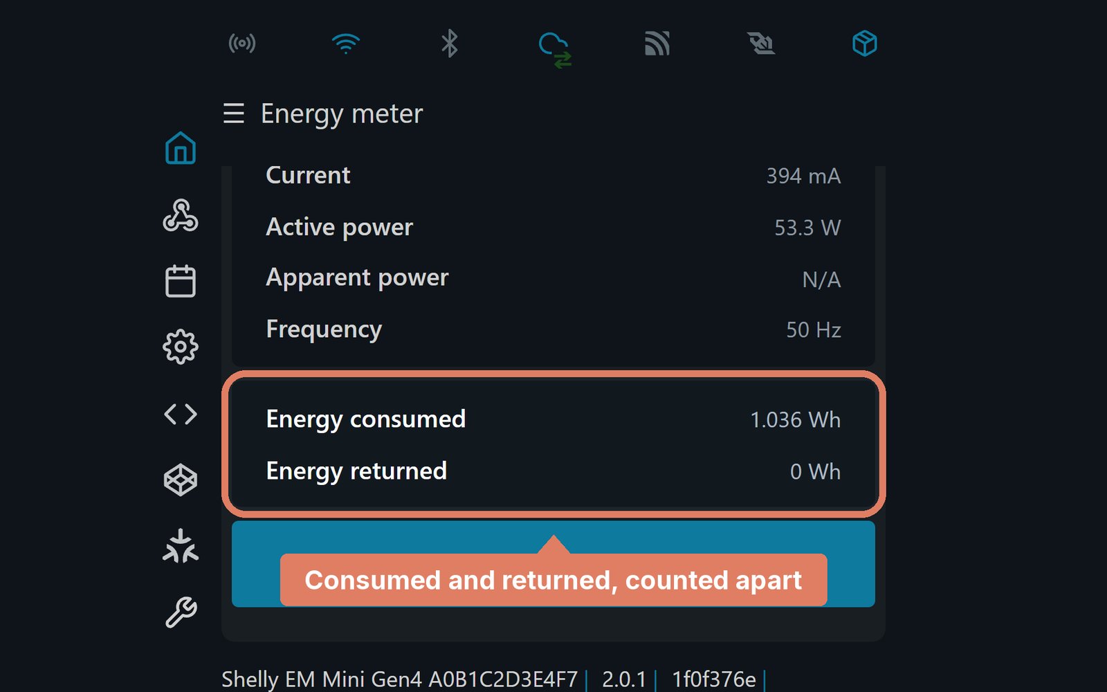 The Shelly EM Mini Gen4 web page's home screen, with Energy consumed and Energy returned marked