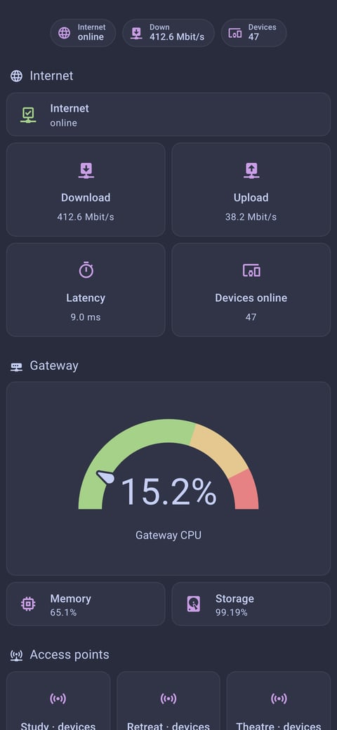Home Assistant network lab dashboard running the Catppuccin theme (Frappe), on a phone