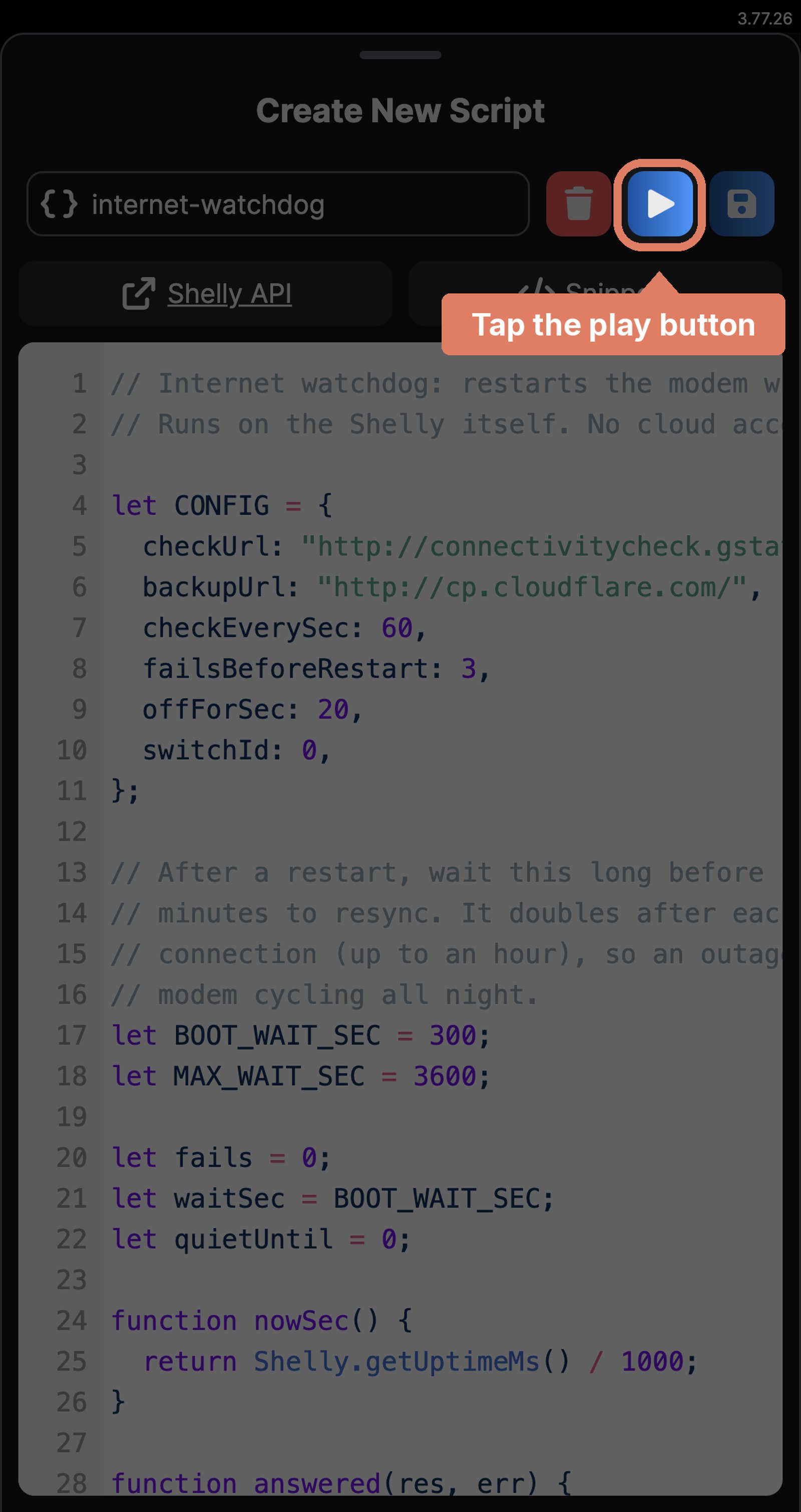 Shelly Smart Control script editor after saving, with the play button marked