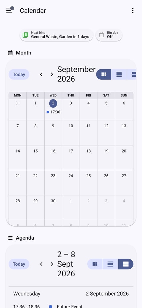 Home Assistant calendar lab dashboard running the Material You theme (Light), on a phone